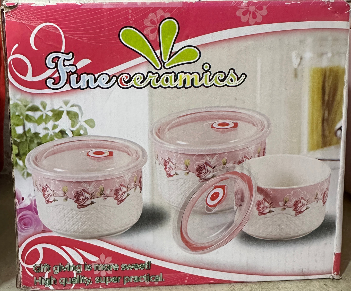 Bols en verre avec couvercles blancs, lot de 3, en verre opale, bols de service et de conservation empilables pour salades, préparation des repas, restes, cuisson, cuisine, compatibles micro-ondes et lave-vaisselle (motif floral rose)