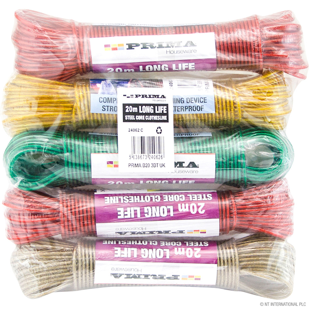 Corde à linge résistante de 20 m avec âme en acier (paquet de 5) | Achetez les cordes de la meilleure qualité