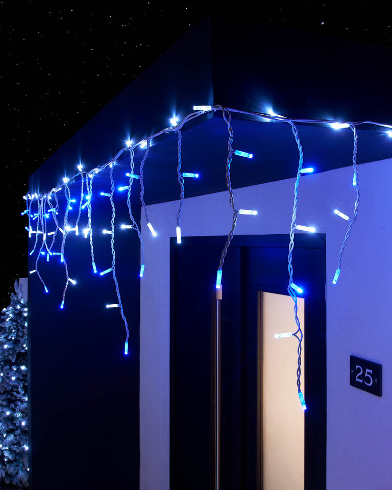 Guirlande Lumineuse Noël Glaçons Extérieur 10M - Lumières Féériques à Brancher Blanc Froid & Bleu Connectables Étanche LED Glaçons Lumineux Alimentation Secteur avec 8 Modes & Télécommande Minuteur pour Fenêtre Jardin Fête