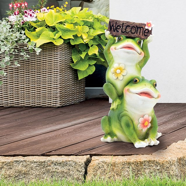 Ornement de jardin motif joli couple de grenouilles avec panneau « Bienvenue »