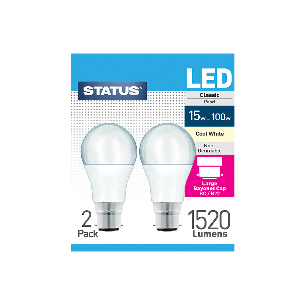 15w = 100w = 1520 lumens - LED - A60 GLS - BC - PA -Pearl - Cool White - 2 pk box