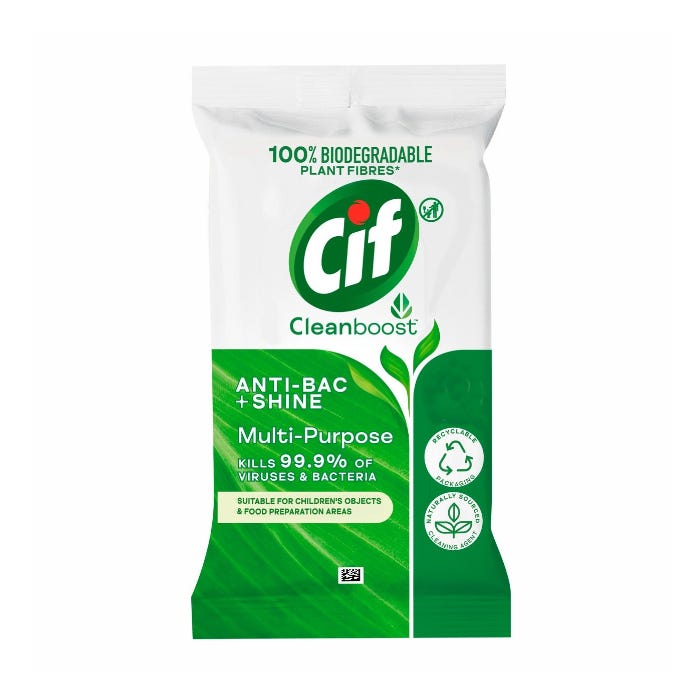 Lingettes biodégradables Cif Multi-usages Antibac & Brillance 28 lingettes