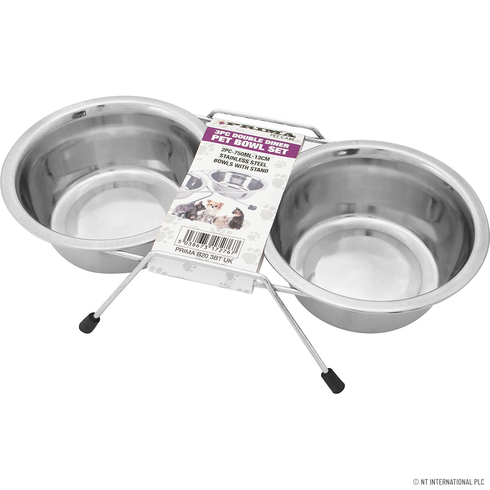Double Diner 13cm x 2pc + Stand - 750ml Convenient Pet Feeding Solution