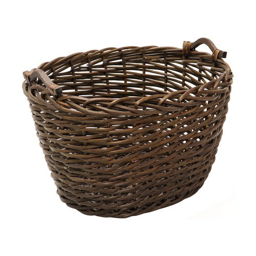 Panier à bûches en osier foncé avec poignées en bois - Marron | Rangement élégant pour le bois de chauffage.