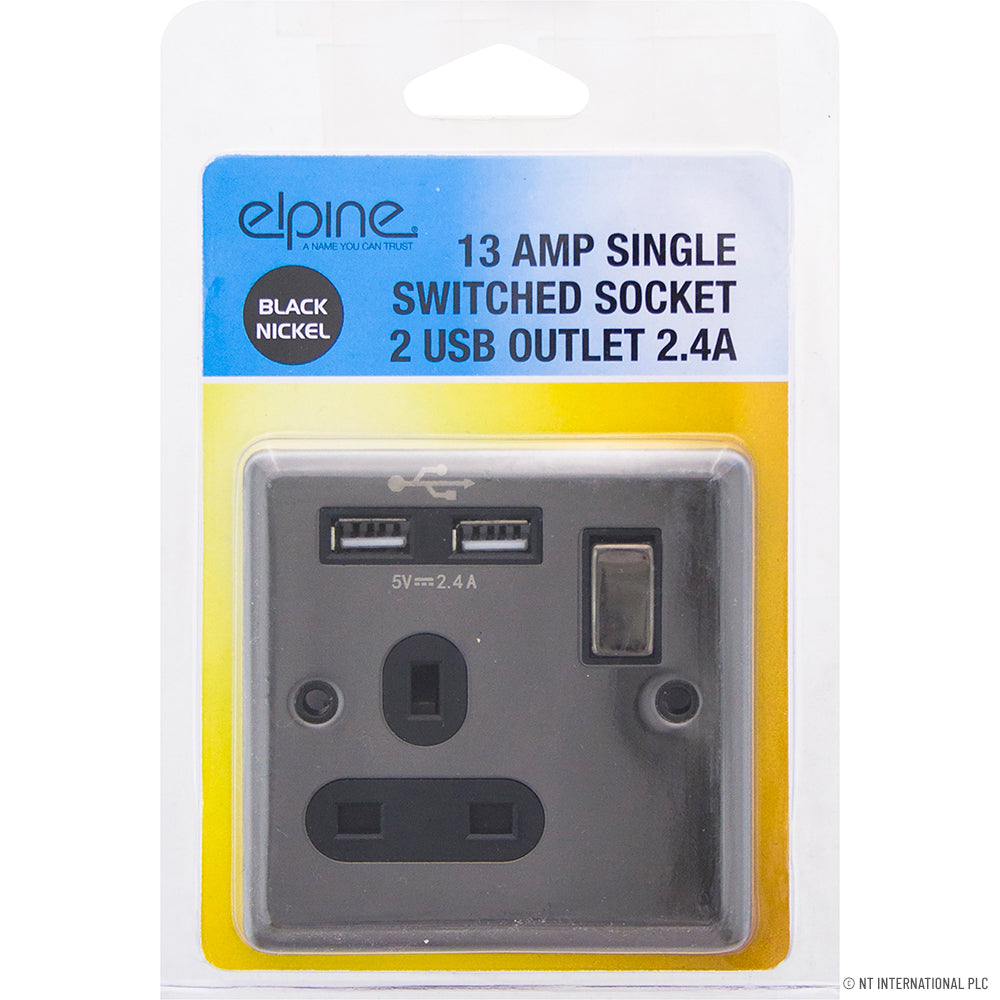Optimisez votre espace avec la prise simple 13A - 2 USB 2,4A en finition élégante nickel noir.