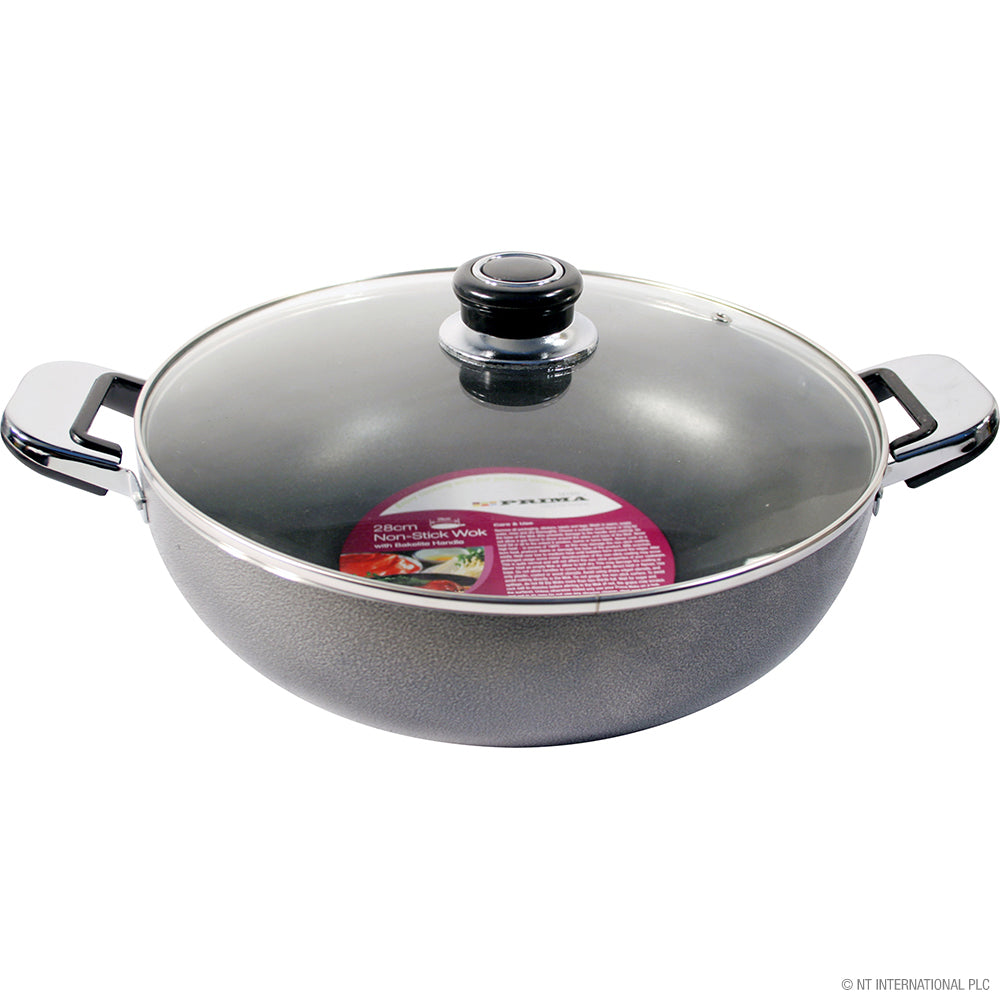 Wok antiadhésif de 28 cm avec couvercle en verre et doubles poignées