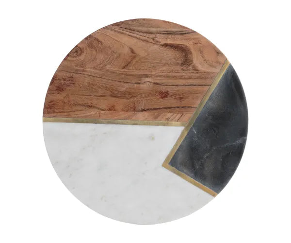 Plateau de service rond en marbre et acacia Stylish Elements | Sublimez votre expérience culinaire.