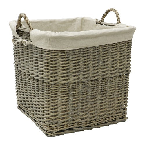 Panier à bûches en osier lavé ancien avec doublure | Décoration Rustique.
