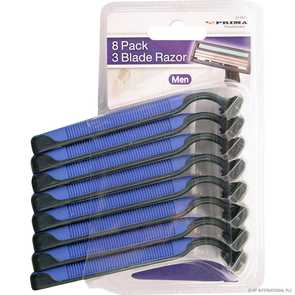 Améliorez votre routine de rasage avec le rasoir triple lame 8 pièces pour homme en bleu.