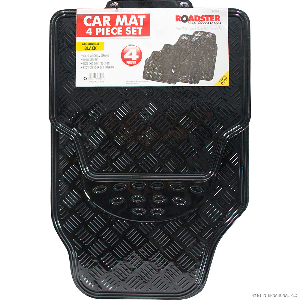 Tapis de sol de voiture haut de gamme en aluminium 4 pièces, finition noir élégant.