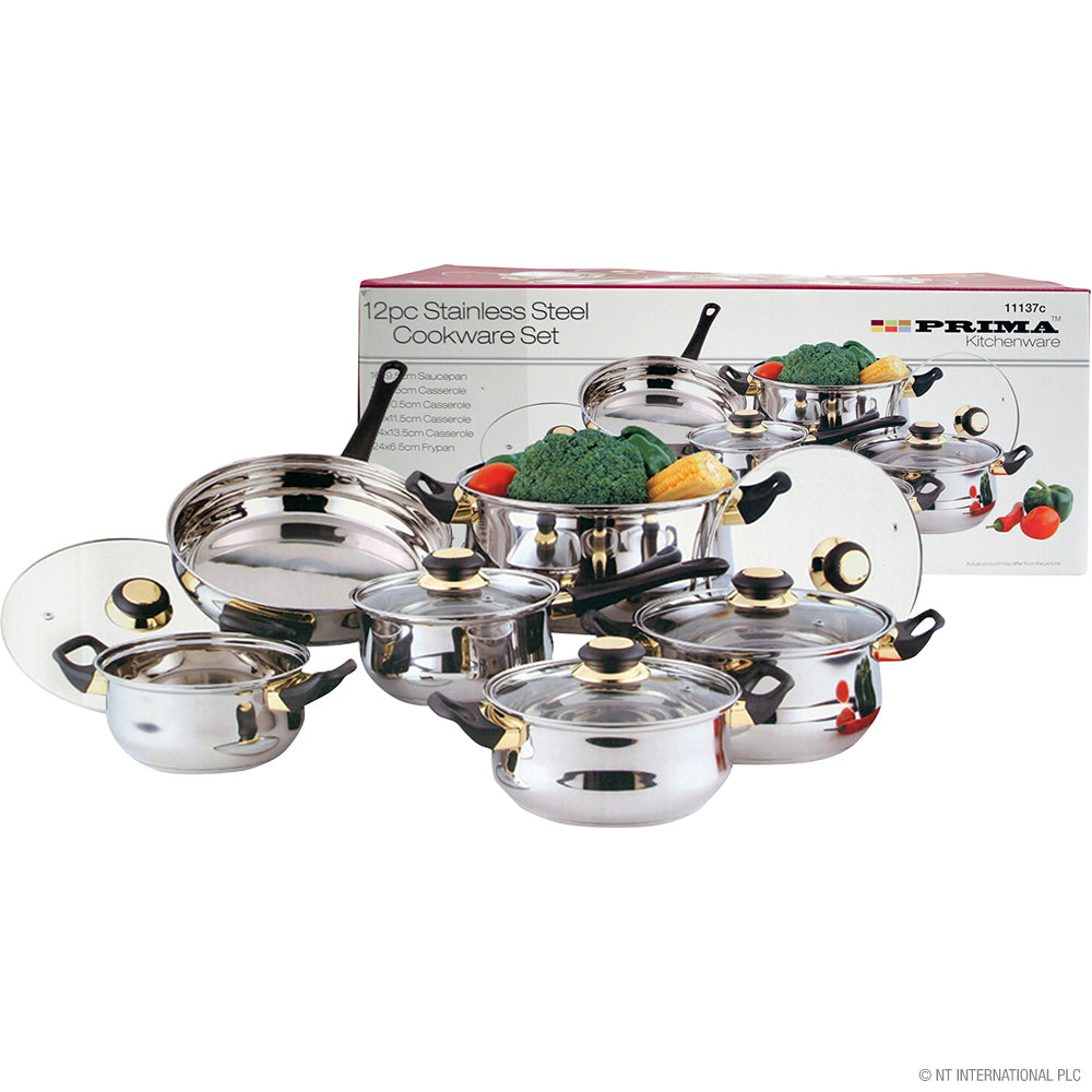 Batterie de cuisine 12 pièces en acier inoxydable avec couvercles en verre, casseroles et poêles polyvalentes de 16 à 24 cm pour toutes les cuisines.