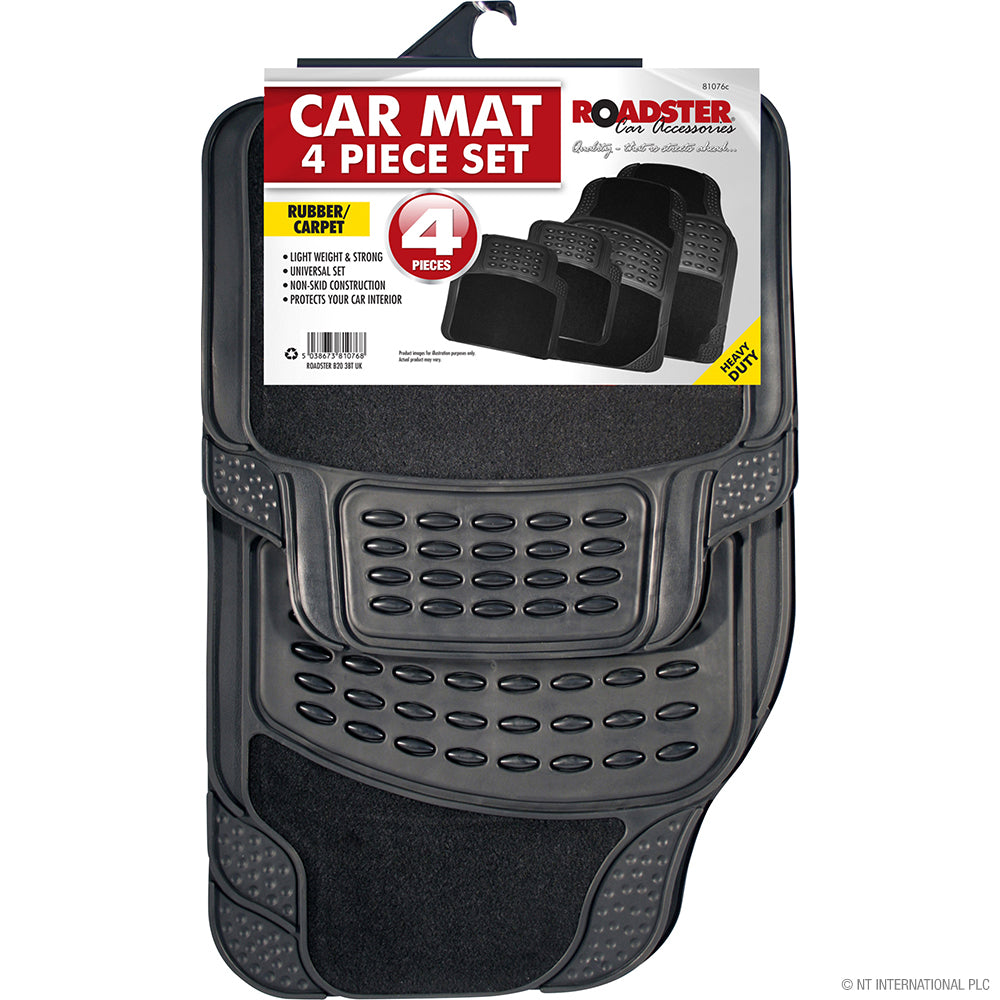Tapis de sol de voiture en caoutchouc premium 4 pièces avec moquette – Noir | Gardez votre voiture propre et élégante.