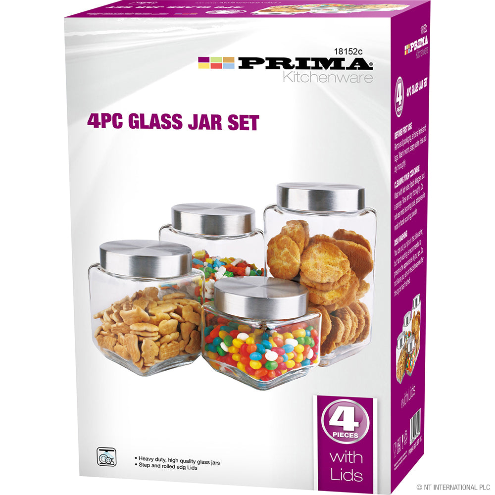 Lot de 4 bocaux en verre avec couvercles en aluminium – Solution de rangement de cuisine carrée et élégante