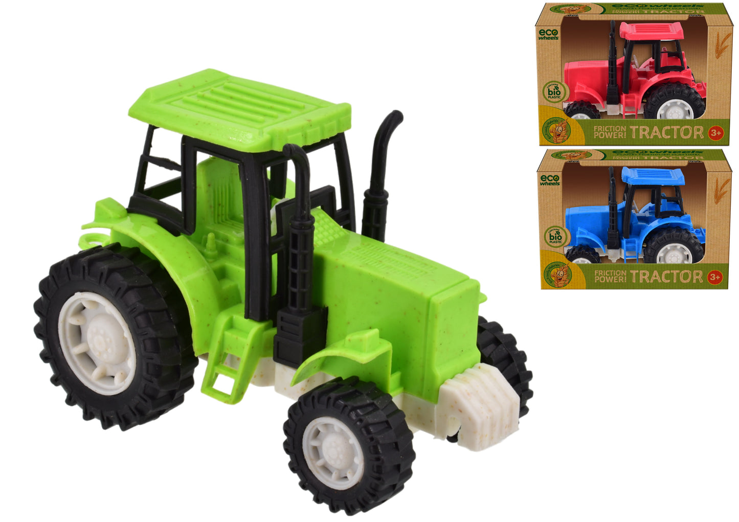 Le tracteur en bioplastique écologique 12 cm : jeu durable dans une boîte ouverte au toucher