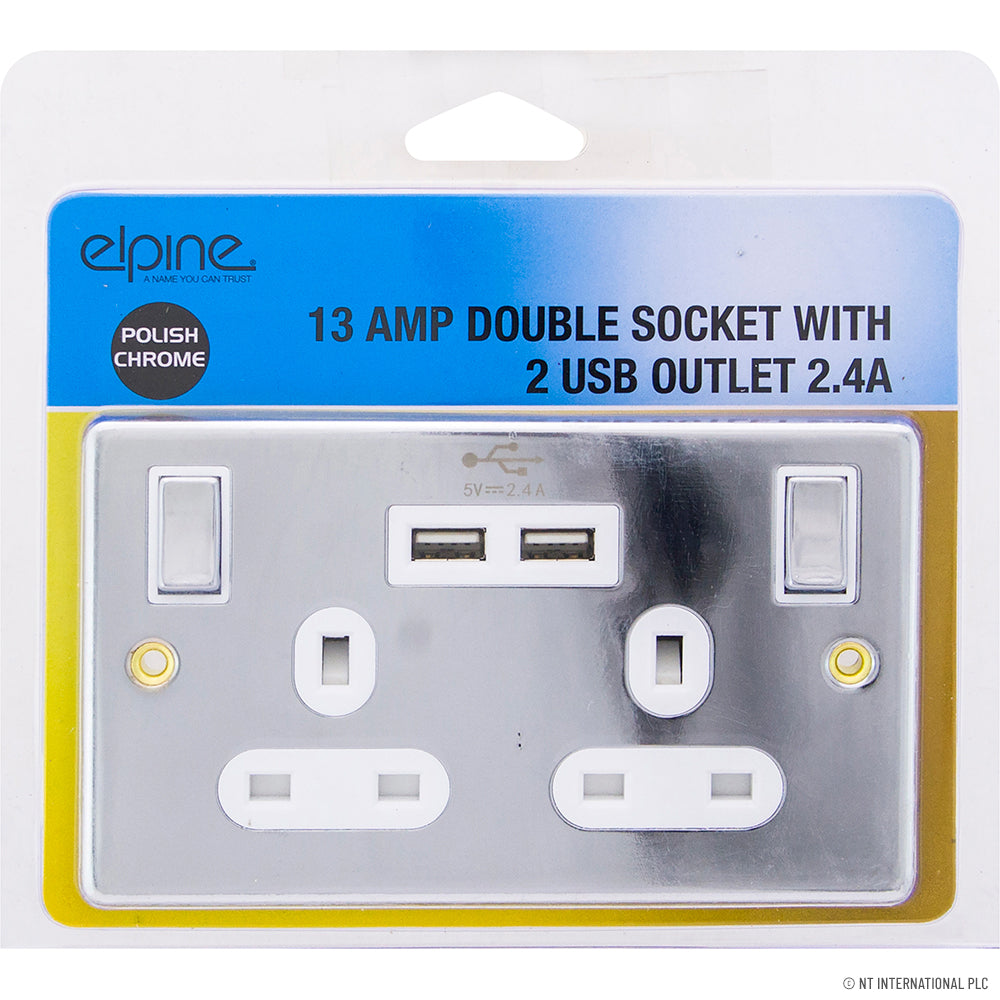 Prise double 13A avec 2 ports USB 2.4A en finition chromée élégante – Parfaite pour un intérieur moderne