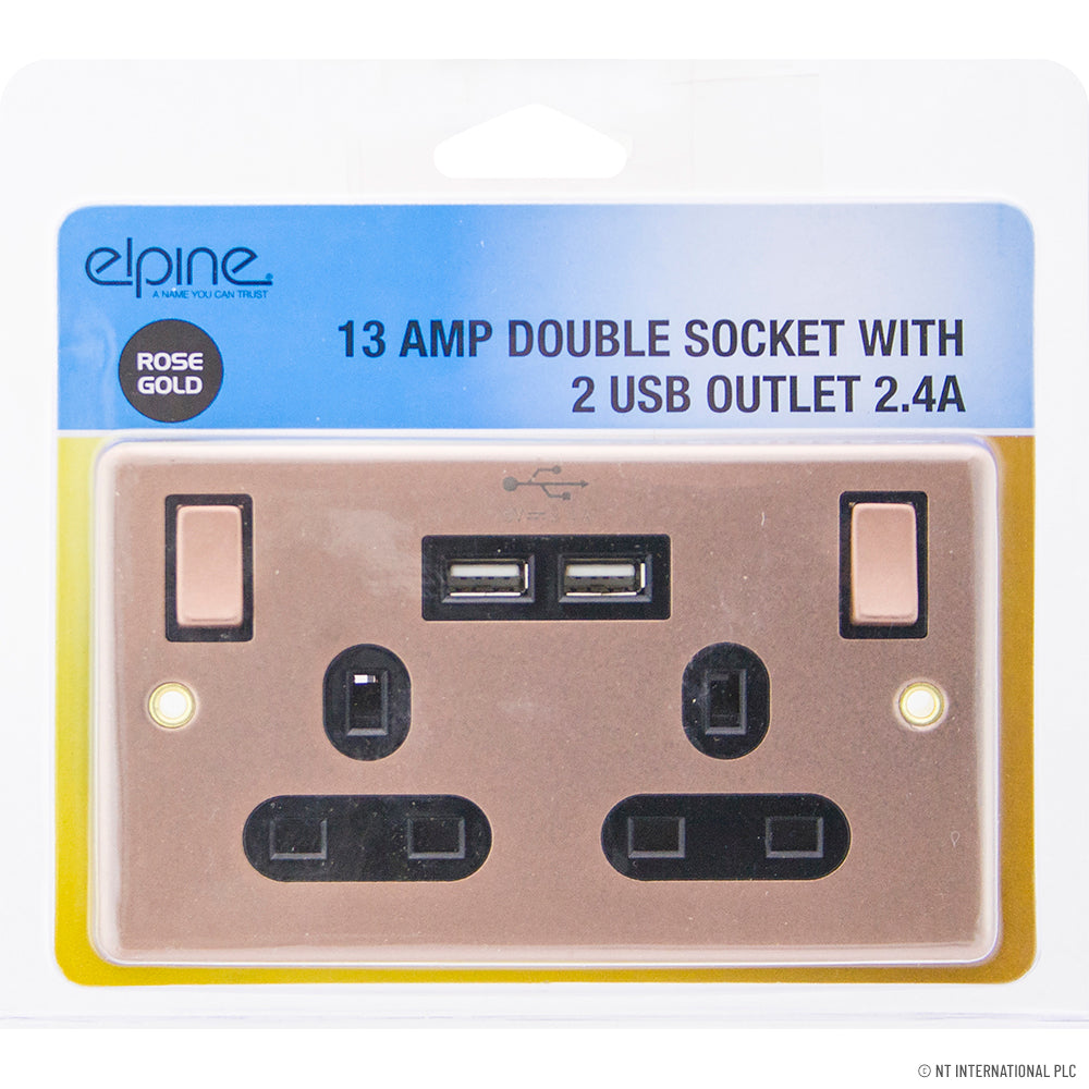 Double prise 13A avec 2 ports USB 2,4A, finition or rose élégant