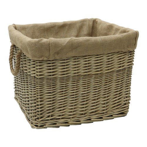 Panier à bûches en osier antique avec doublure et poignées en corde – Solution de rangement élégante.