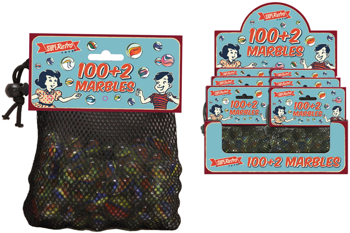 Collection Rétro Billes : 100+2 Billes dans un Sac en Filet avec Carte d'En-tête/Boîte Double