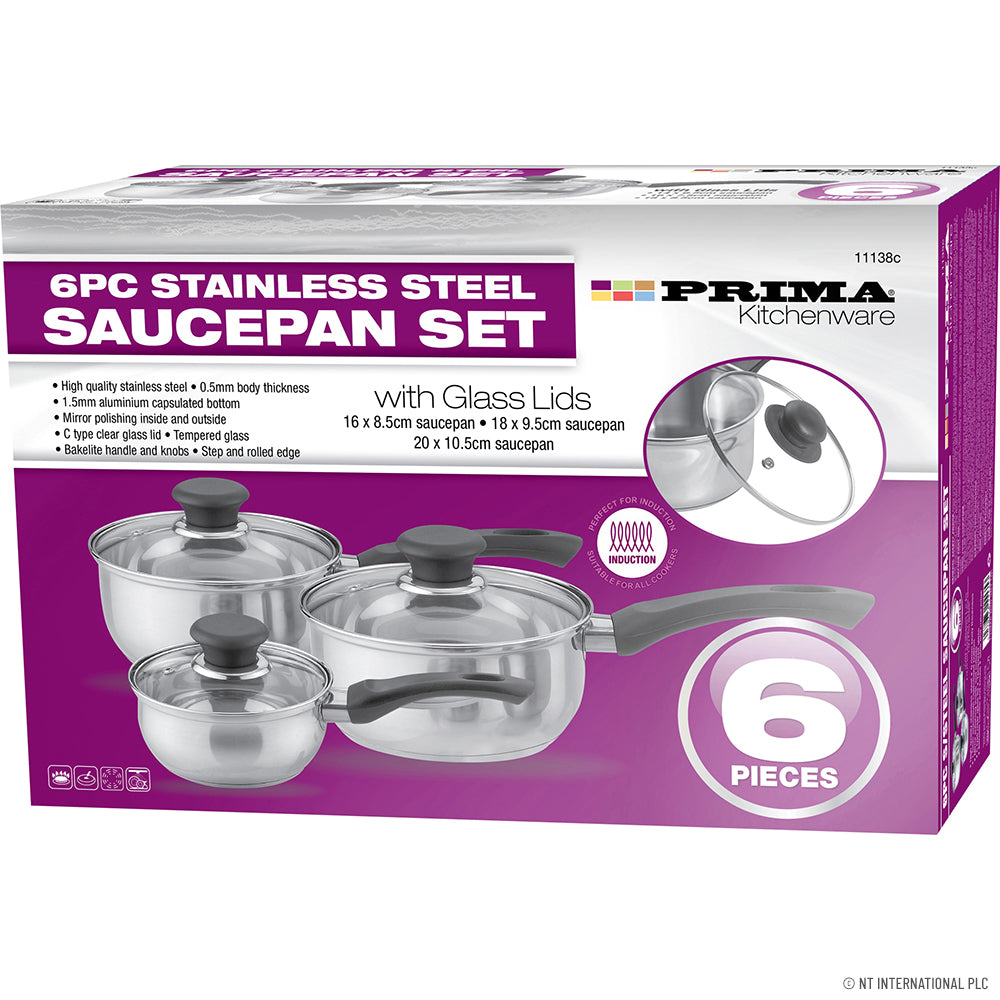 Batterie de cuisine en acier inoxydable 6 pièces - 16/18/20 cm Compatible Induction Essentiels de cuisine de haute qualité