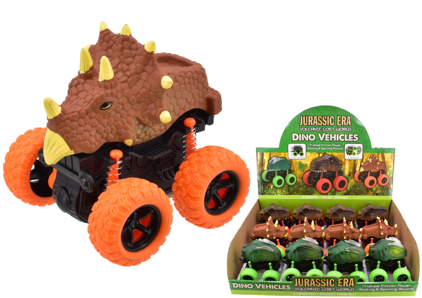 Découvrez d'amusants véhicules dinosaures dans leur boîte de présentation – Jouets assortis sur le thème des dinosaures