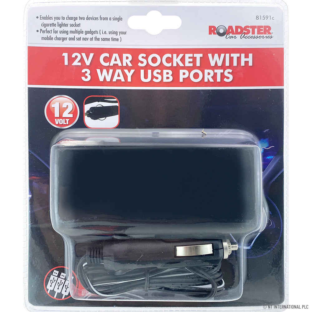 Prise de voiture 12 V 3 voies pratique avec port USB et câble.