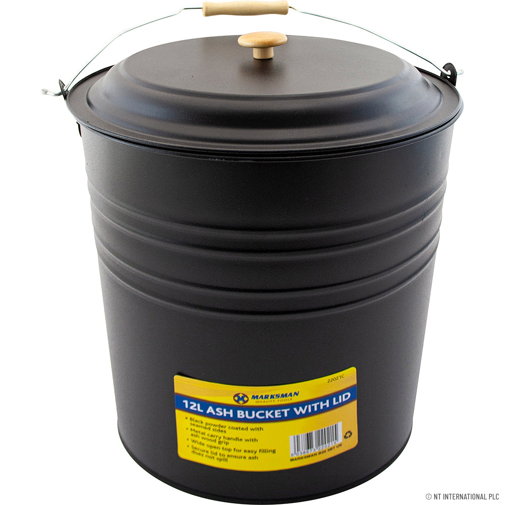Seau à cendres durable de 12 L avec couvercle - Noir | Accessoire de cheminée pratique.