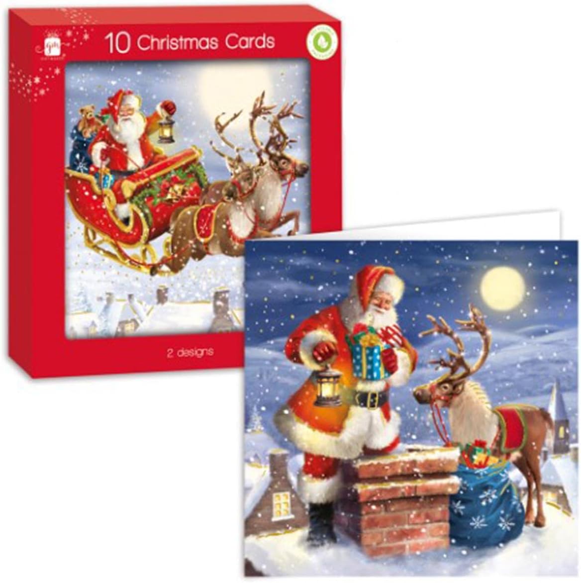 Lot de 10 cartes de Noël carrées traditionnelles motif Père Noël et traîneau