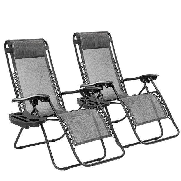 Lot de 2 chaises longues de luxe avec porte-gobelet latéral - Gris et noir