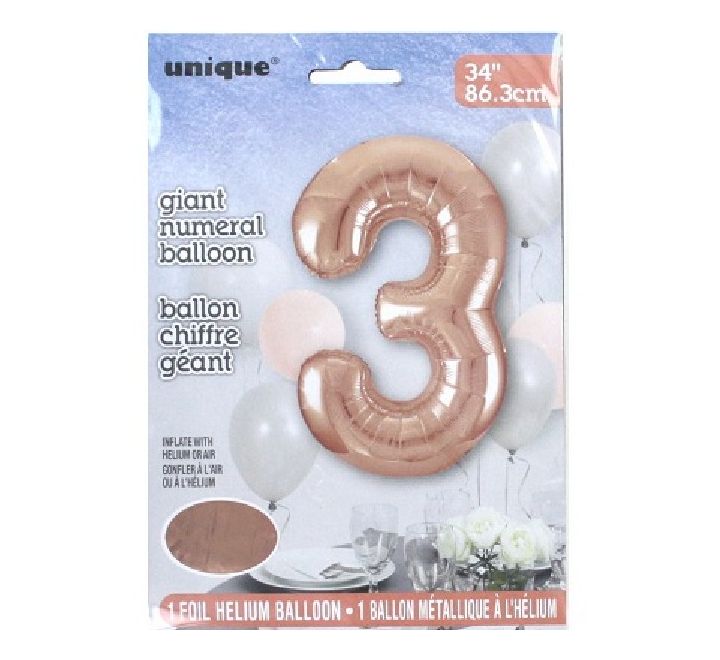 34in ROSE GOLD Number 3 Balloon