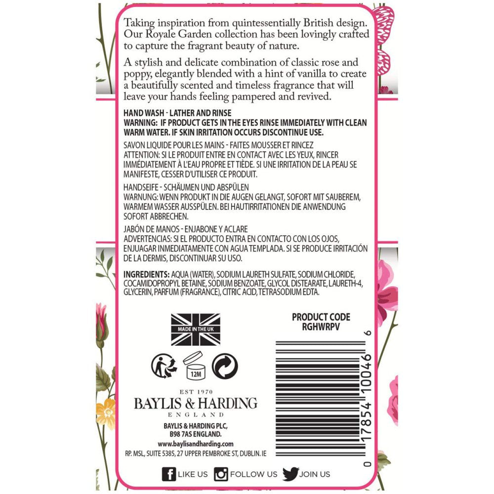 SAVON LIQUIDE POUR LES MAINS ROYALE GARDEN COQUELICOT ET VANILLE