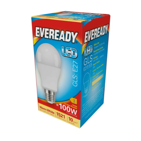 EVEREADY LED GLS BULB E27 13.8w=100w WARM WHITE 1521LM