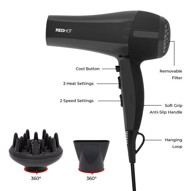 Sèche-cheveux professionnel RedHot avec diffuseur noir