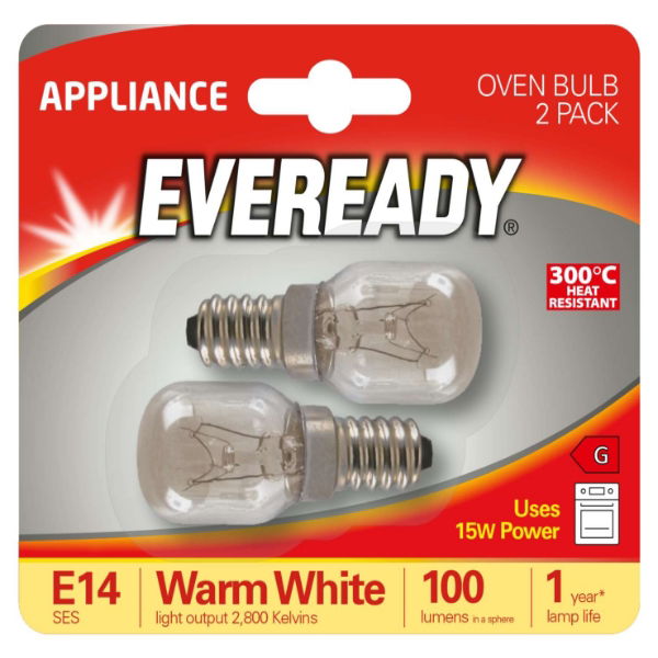 Eveready Oven Lamp E14 (SES) 100lm 15W 2,800K (Warm White), Blister of 2 - 300C Heat Resistant