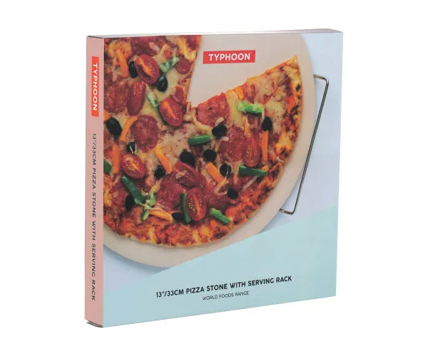 Enhance Your Pizza Experience with World Foods 13" Pizza Stone and Serving Rack.