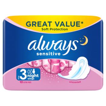 Always Sensitive Serviettes Hygiéniques Ultra Nuit (Taille 3) avec Ailettes, 10 Serviettes