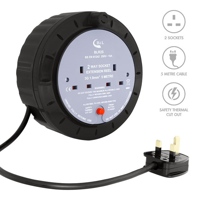 Enrouleur de câble 2 prises - 5 m - 10 A
