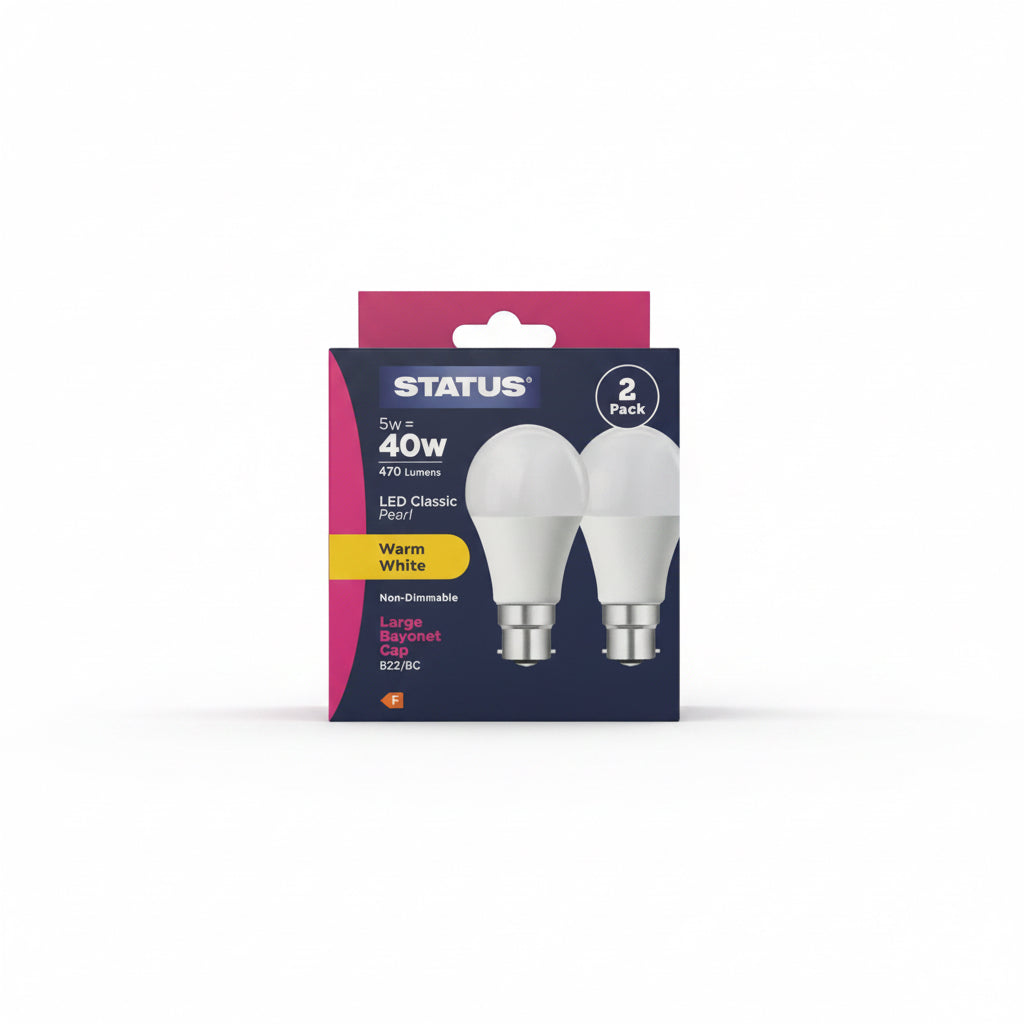 5W = 40W = 470 lumens - LED - A60 GLS - B22 - PA - Perle - Blanc chaud - Lot de 2