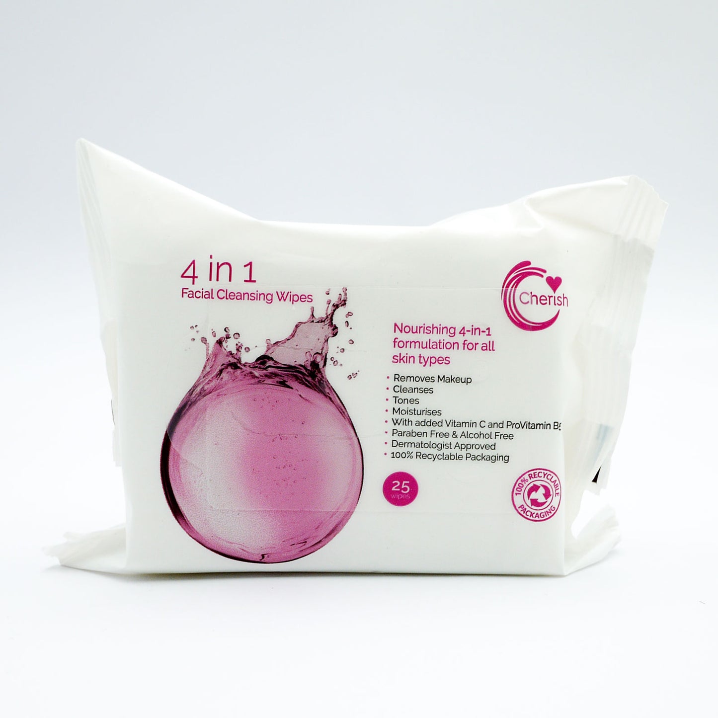LINGETTES DÉMAQUILLANTES CHERISH 4 EN 1 NETTOYANT VISAGE 25 U.