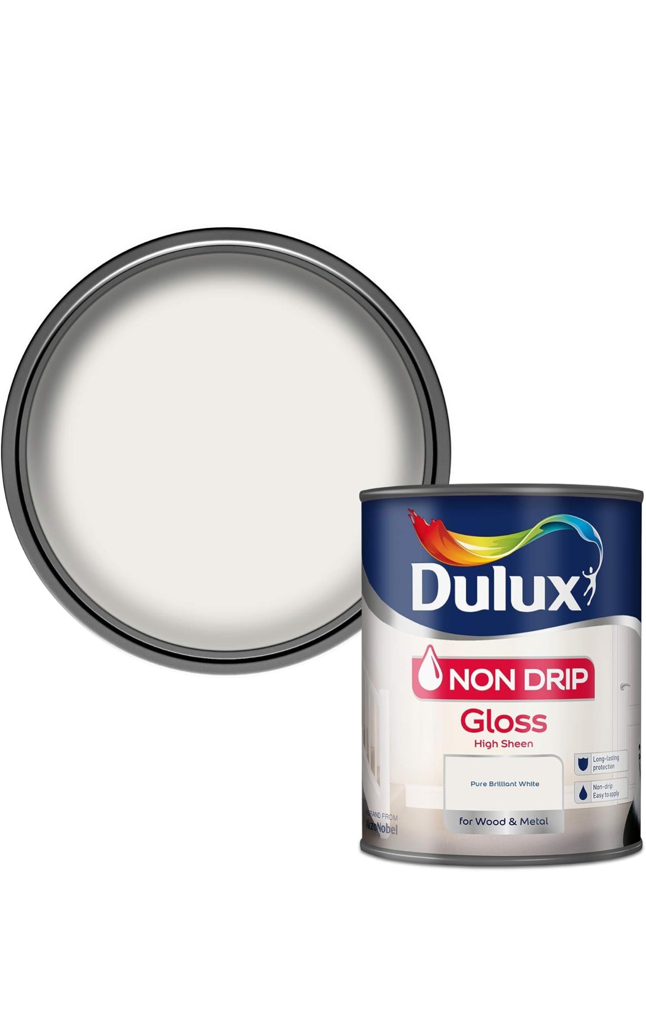 Peinture brillante Dulux antigoutte pour bois et métal - Blanc pur éclatant 750 ml