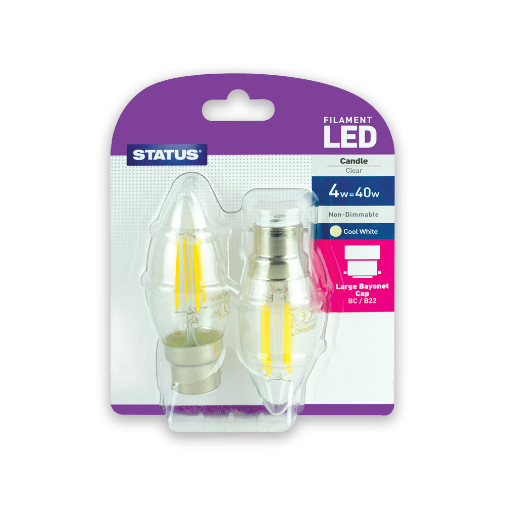4w = 40w = 470 lumens - Filament LED - Candle - BC - Clear - Cool White - 2 pk