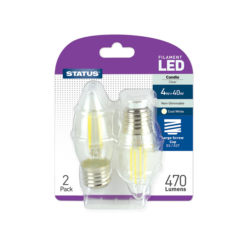 Filament LED - Candle - ES - Clear - Cool White - 2 pk 4w = 40w = 470 lumens -