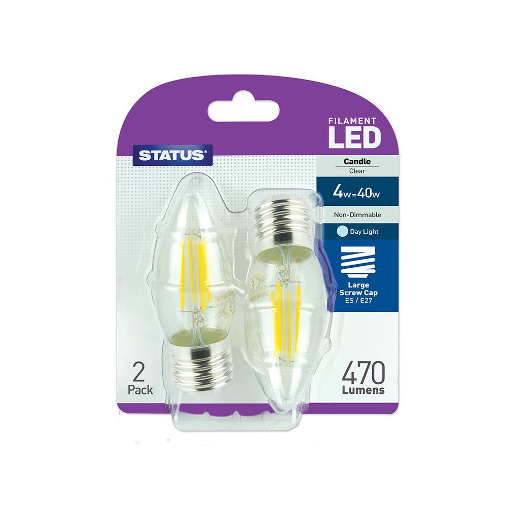 4w = 40w = 470 lumens -Filament LED - Candle - ES - Clear - Day Light - 2 pk