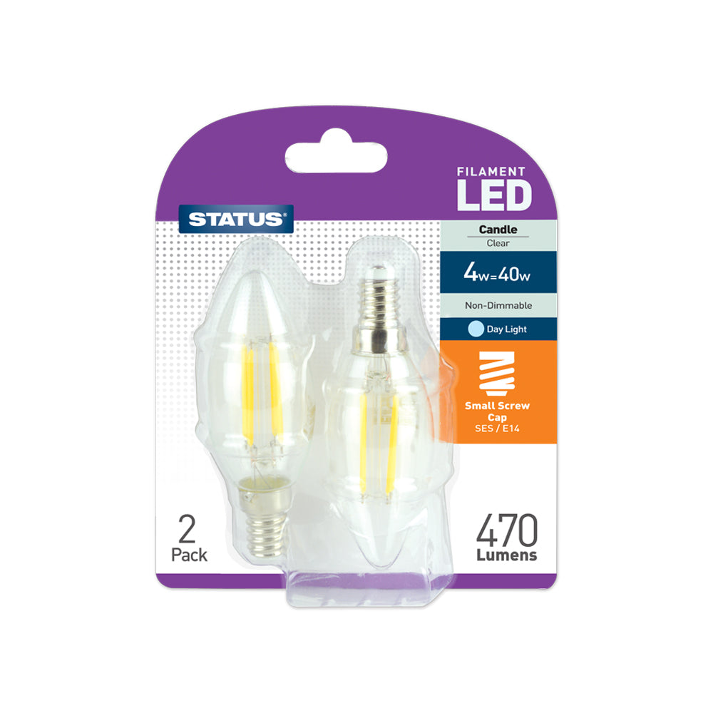 4w = 40w = 470 lumens -Filament LED - Candle - SES - Clear - Day Light - 2 pk