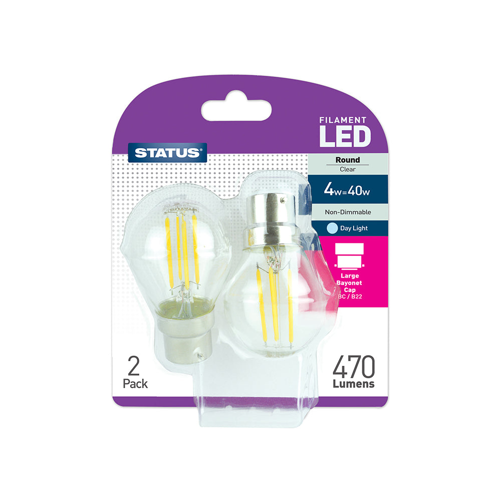 4w = 40w = 470 lumens -Filament LED - Round - BC - Clear - Day Light - 2 pk box