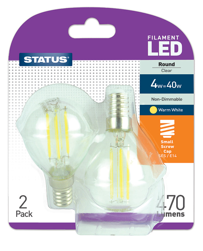 4w = 40w = 470 lumens - Filament LED - Round - SES - Clear - Warm White - 2 pk