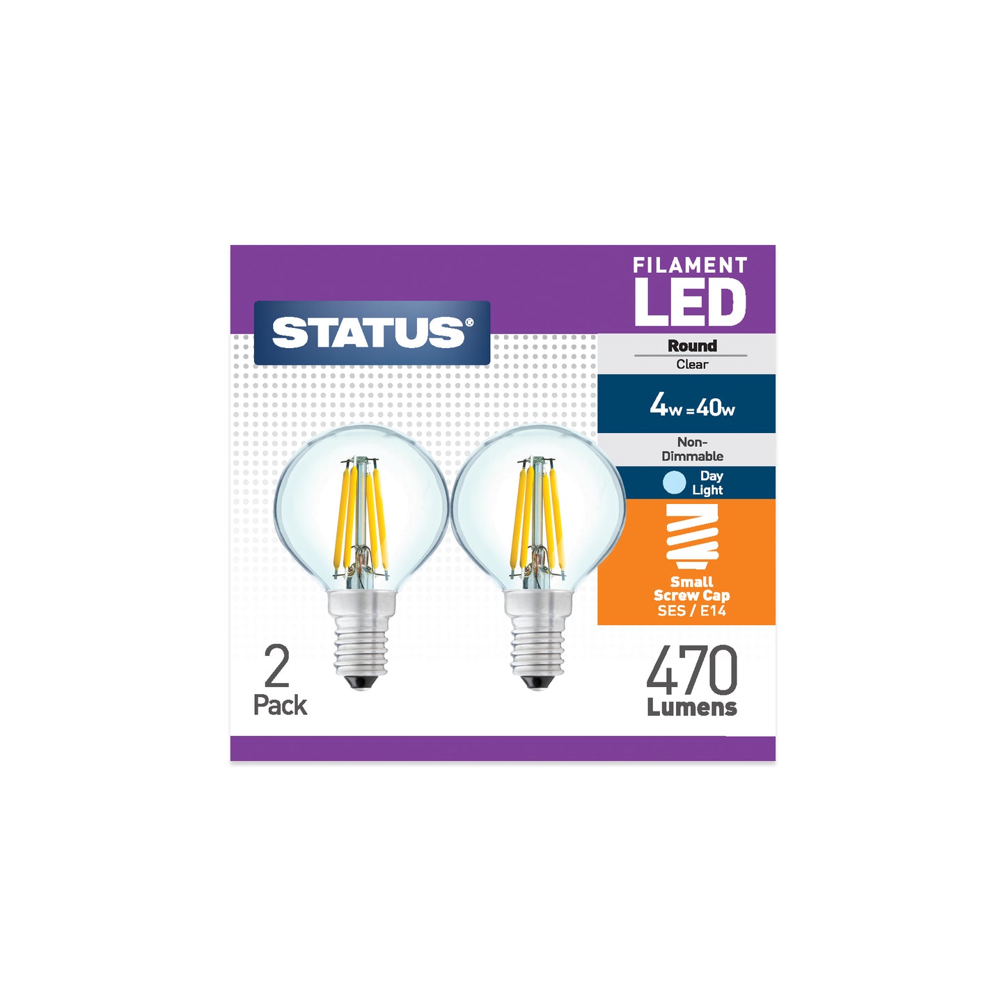 4w = 40w = 470 lumens -Filament LED - Round - SES- Clear - Day Light - 2 pk box