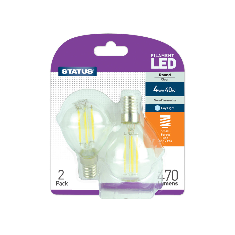 4w = 40w = 470 lumens - Filament LED - Round - SES Clear - Day Light - 2 pk