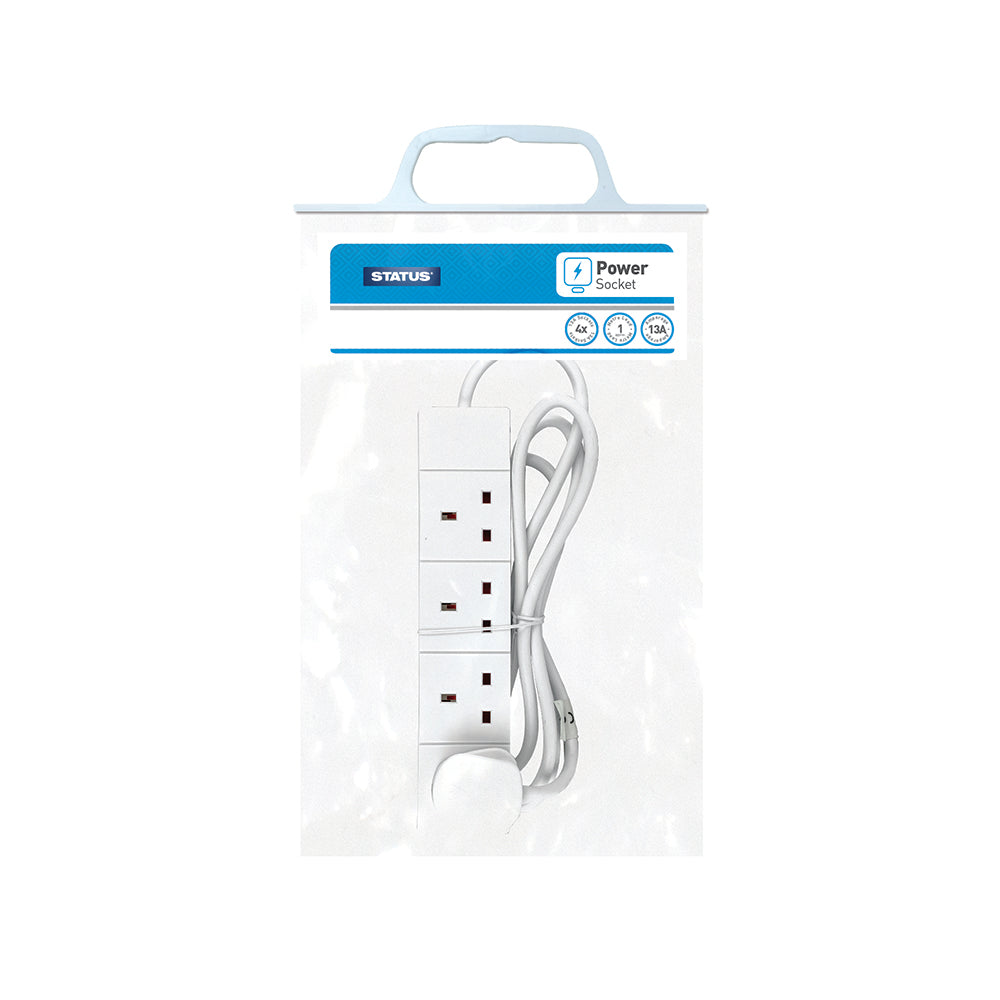 4 way - 1 Mtr - Extension Socket - White - Plug - 1 pk - in Poly Bag with Handle