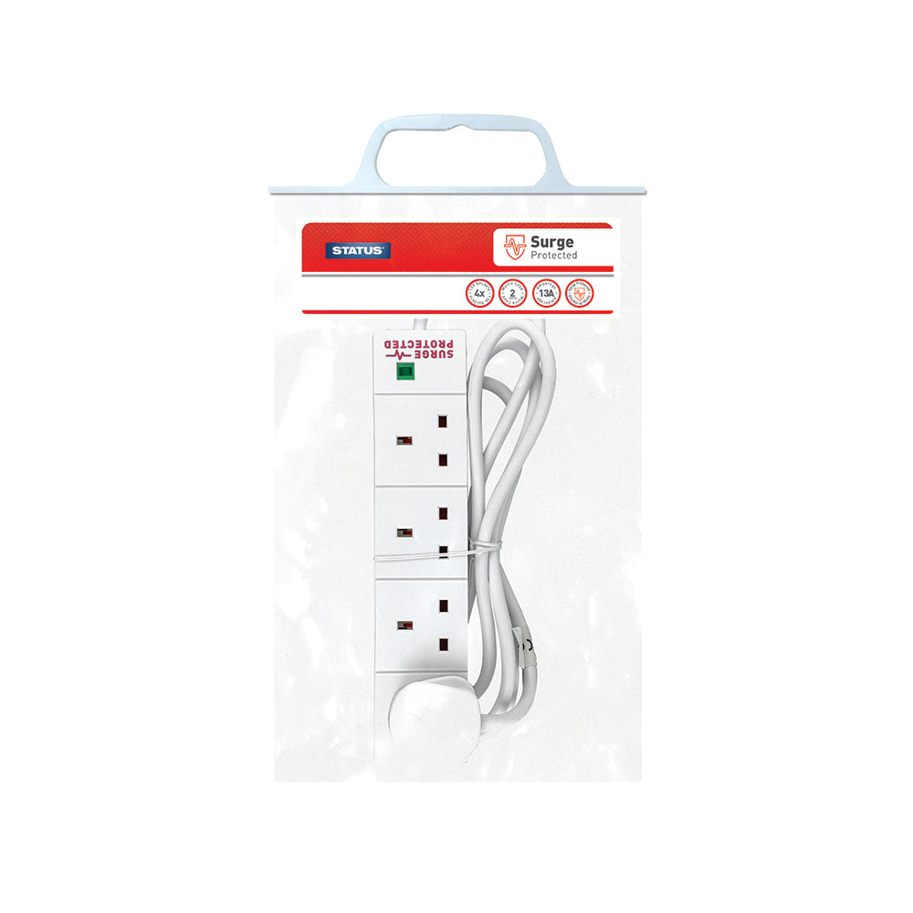 4 way - 2 Mtr - Surge Protected - Extension Socket - White -Neon Indicator - Plug - 1 pk - in Poly Bag with Handle