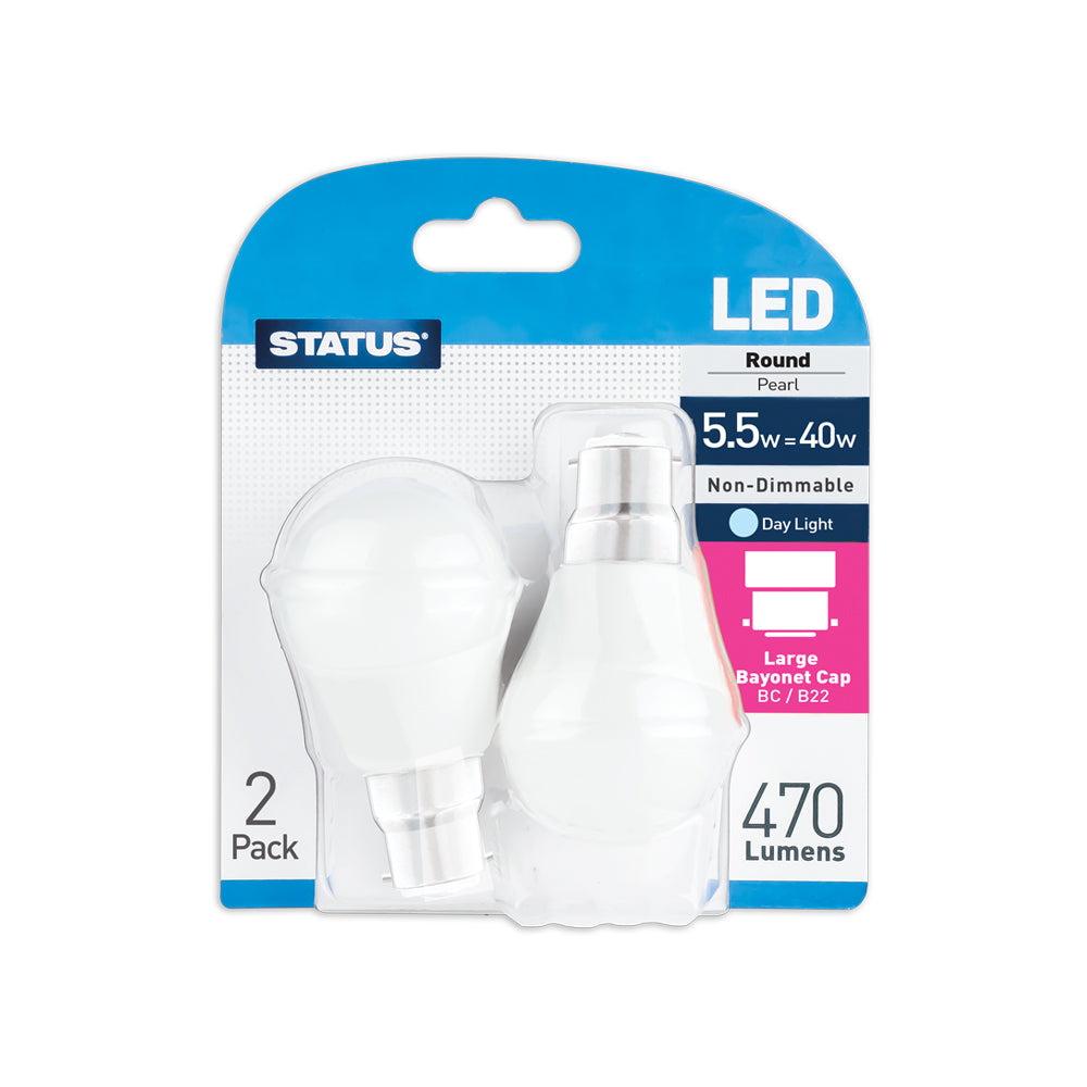5,5W = 40W = 470 lumens - LED - Rond - BC - PA - Perle - Lumière du jour - Paquet de 2